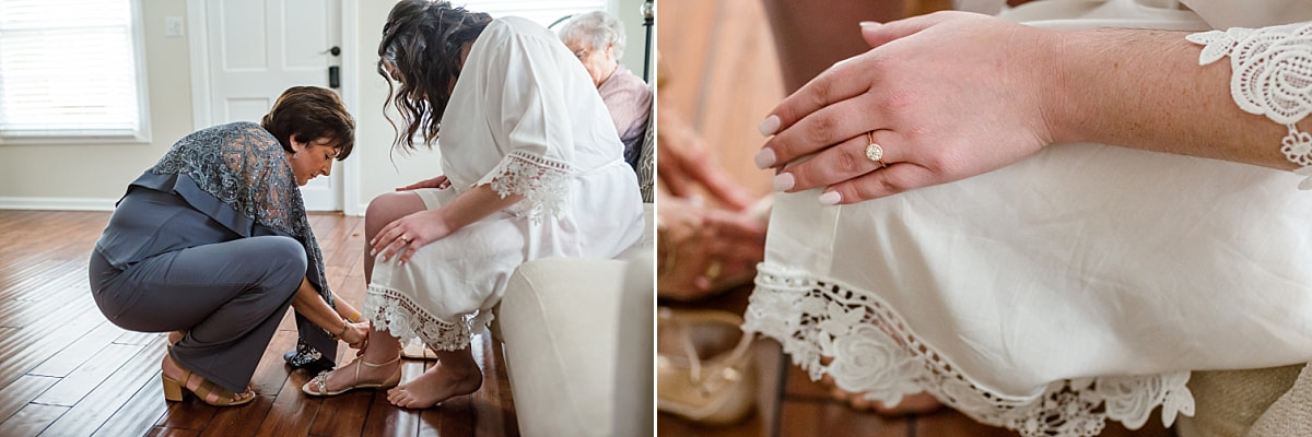 Mother of the Bride helping bride get dressed at Avon Acres