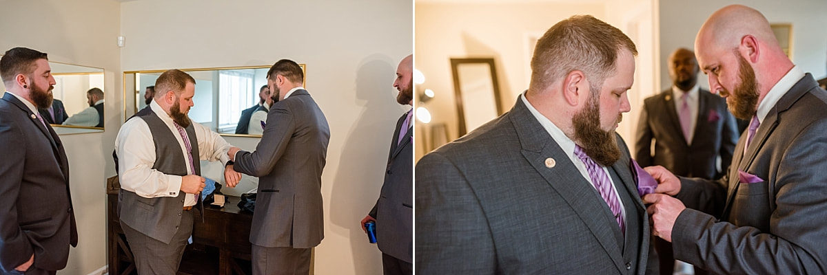 Groomsmen helping groom get ready at Avon Acres