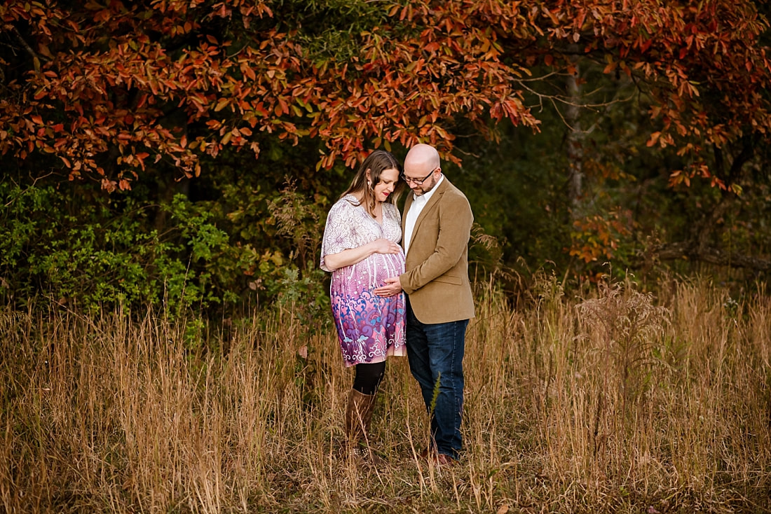 fall maternity photos at Hinton Park in Collierville, TN during golden hour