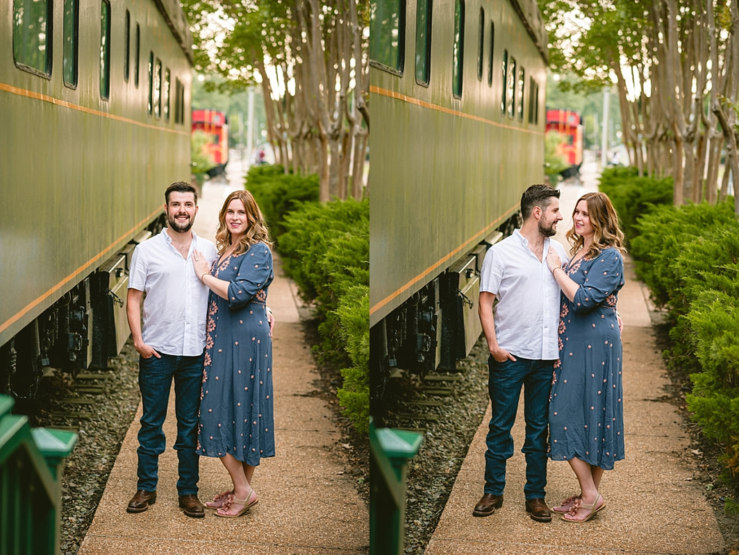 engagement photos by the trains at collierville town square