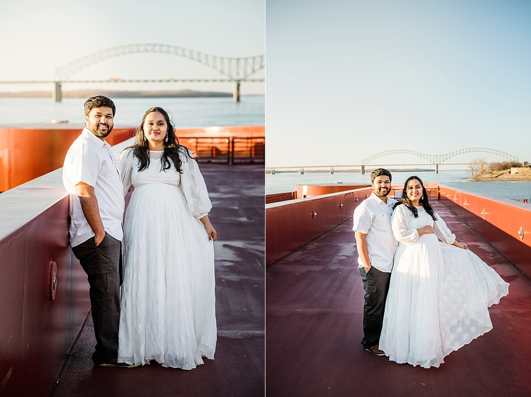 maternity photos downtown memphis at the mississippi river with the m bridge