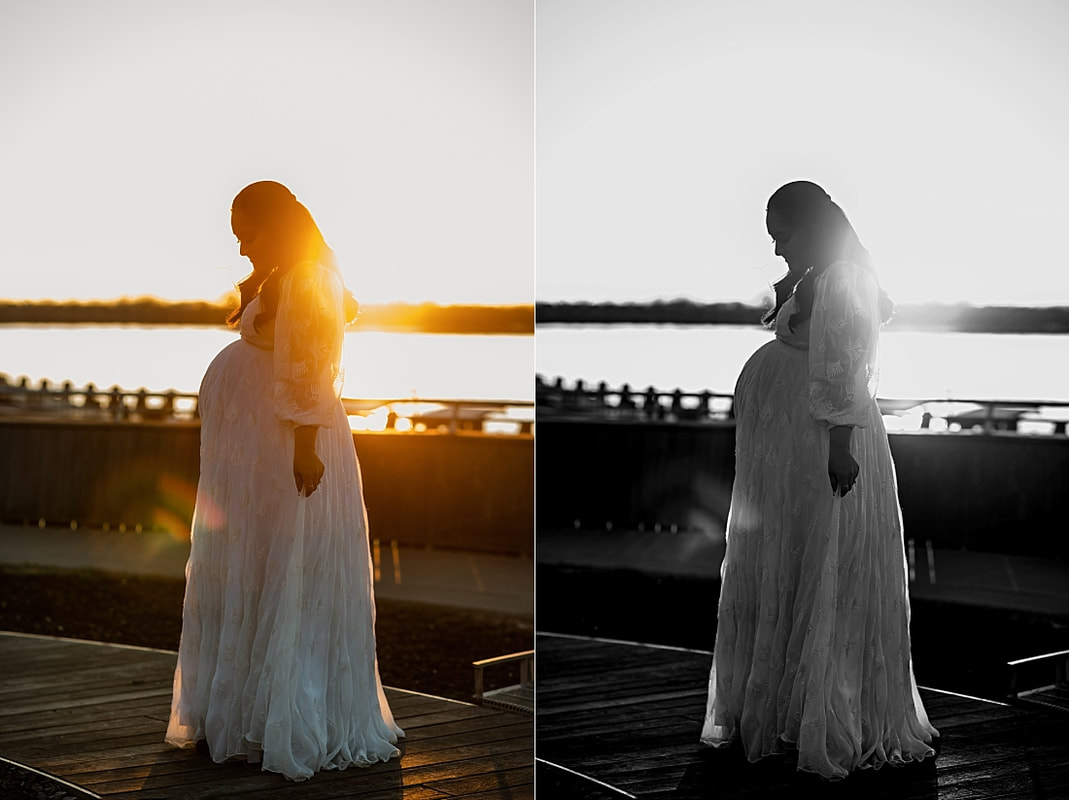 pregnant mother at sunset by mississippi river