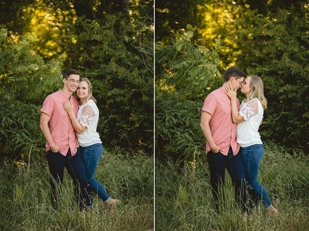 couple posing for engagement photos at shelby farms park in memphis, tn