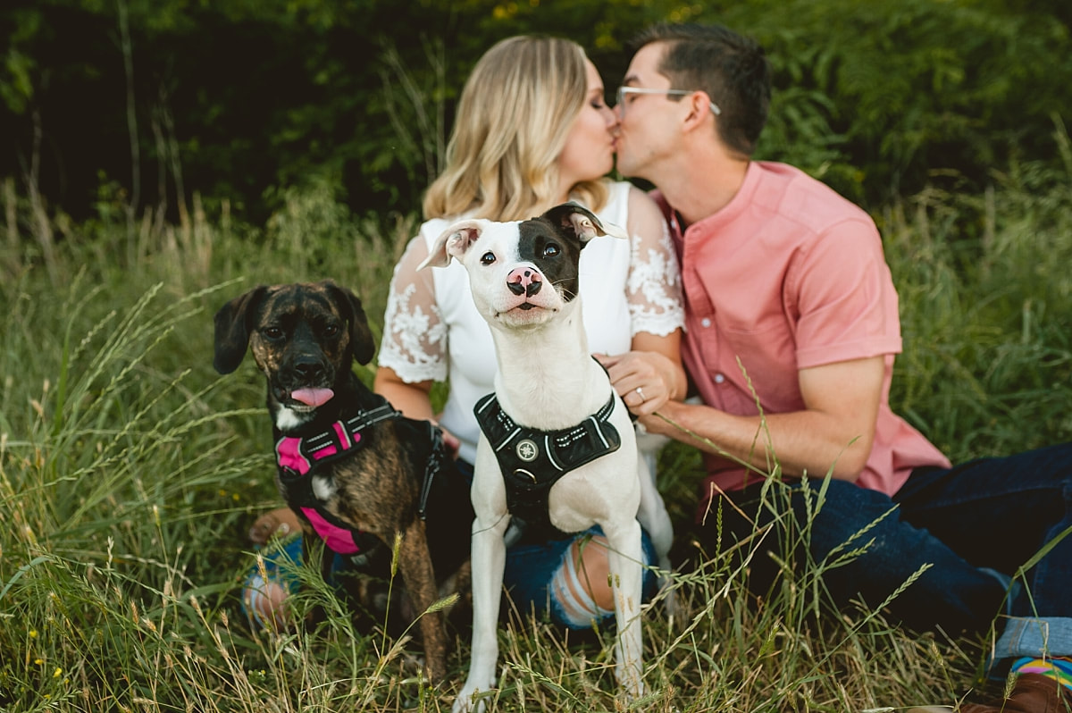 couple posing with their dogs for engagement photos at shelby farms park in memphis, tn