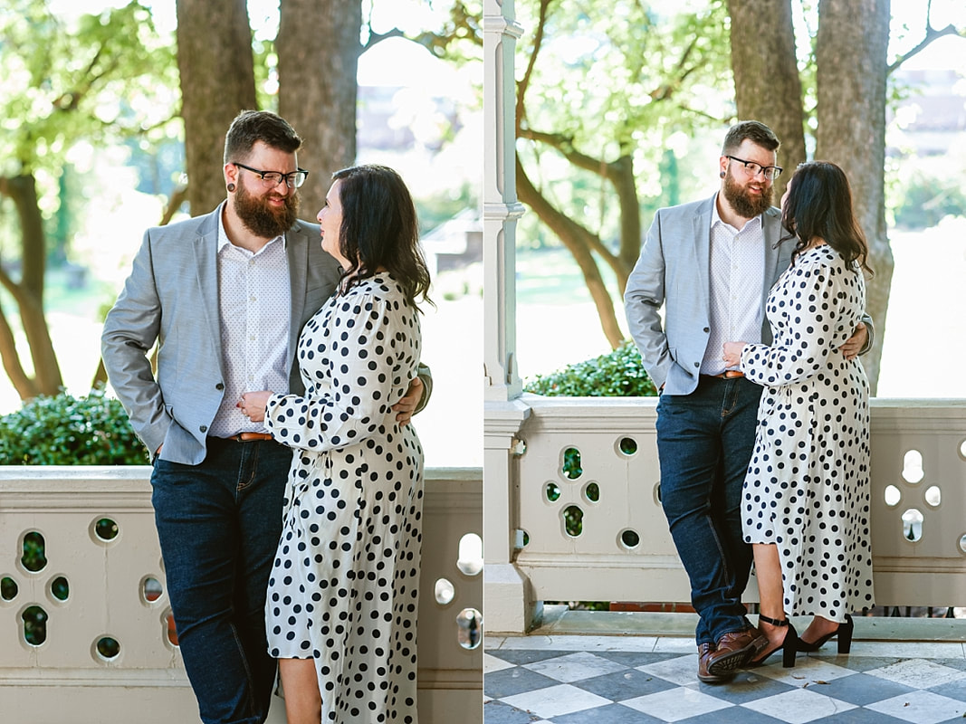 engagement photos on the front porch at Woodruff-Fontaine house in Memphis