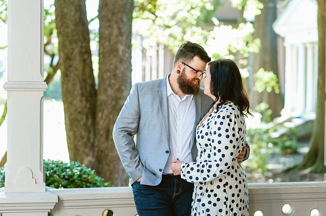 engagement photos on the front porch at Woodruff-Fontaine house in Memphis