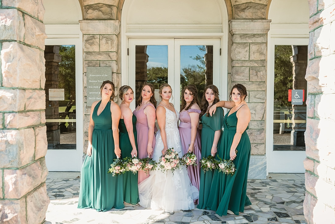 bride with bridesmaids + Pink Palace Wedding + Memphis, TN