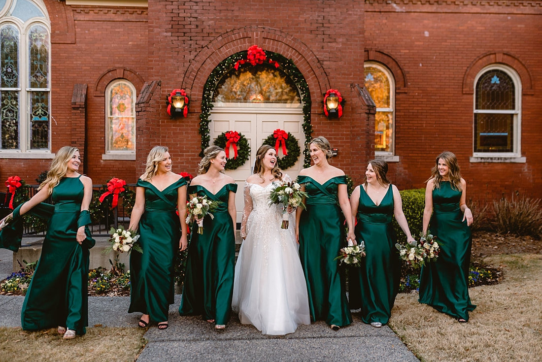 wedding party portraits on Collierville Town Square